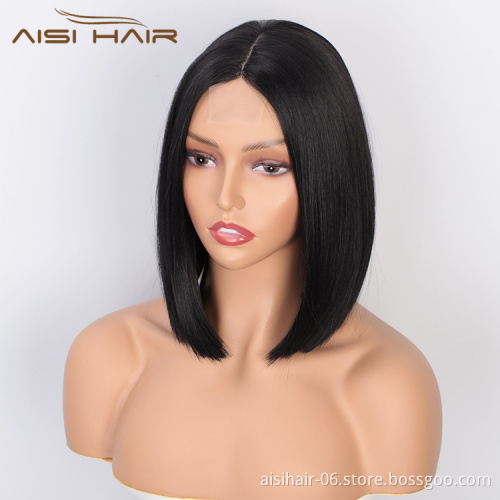 Aisi Hair Wholesale Cheap Vendor Natural Straight Wave Short Bob Lace Frontal Wig Synthetic Hair For Black Women Lace Front Wig